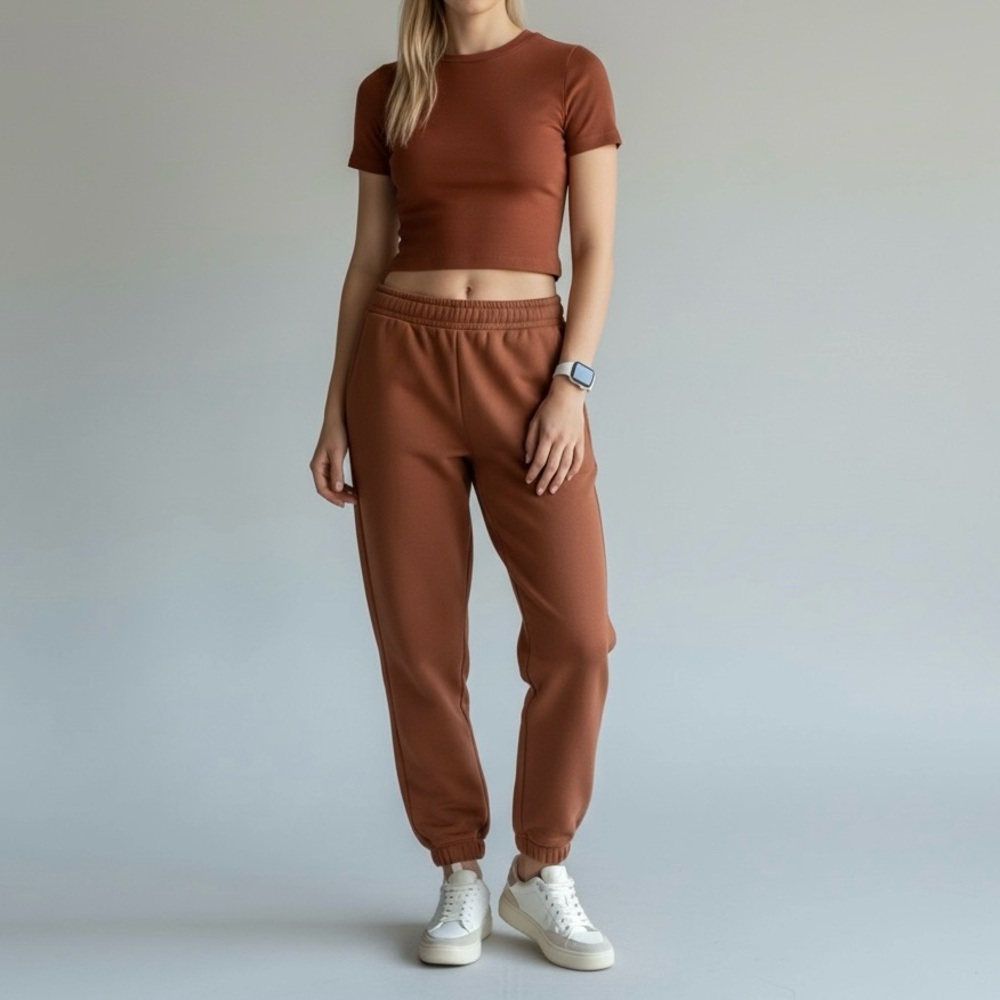 A New Day Rust Fitted Cropped Baby Tee XS Stretch Crew Neck Athleisure Top